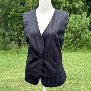Vintage Pinstripe Dark Academia Button Front Vest Waistcoat Women L Black
